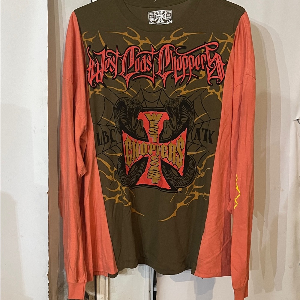 West Coast Choppers Olive and Orange Long Sleeve Tee. Y2K inspired